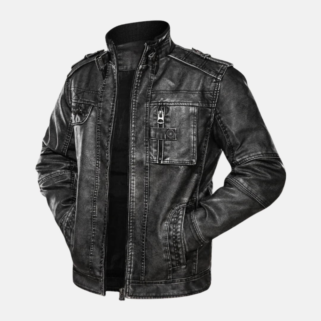 Men's Slim Fit Leather Jacket – Vintage Washed Style – Ribbed Collar – Multiple Pockets