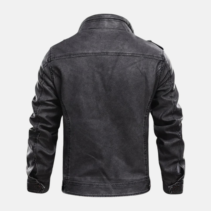 Men's Slim Fit Leather Jacket – Vintage Washed Style – Ribbed Collar – Multiple Pockets