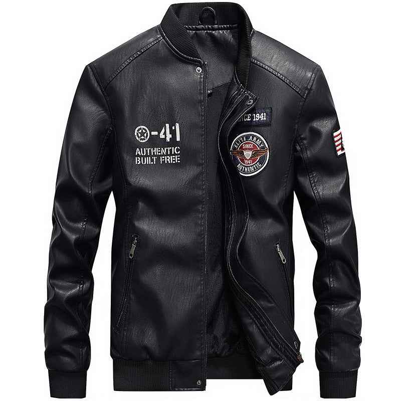 Men's Slim Fit Leather Jacket with Embroidered Patches and Zip Pockets Black