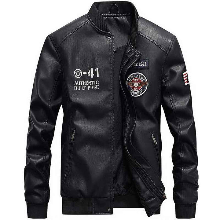 Men's Slim Fit Leather Jacket with Embroidered Patches and Zip Pockets Black