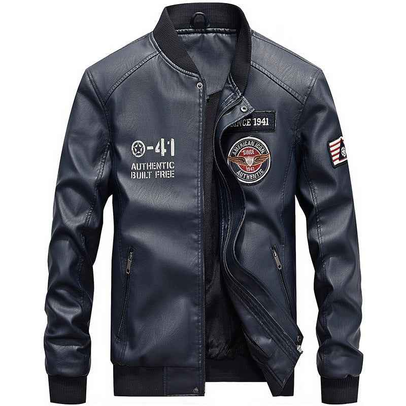 Men's Slim Fit Leather Jacket with Embroidered Patches and Zip Pockets Sapphire Blue