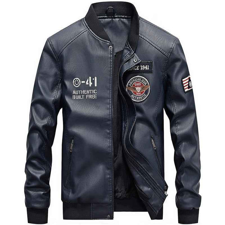 Men's Slim Fit Leather Jacket with Embroidered Patches and Zip Pockets Sapphire Blue