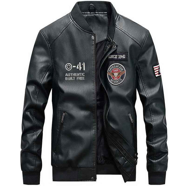 Men's Slim Fit Leather Jacket with Embroidered Patches and Zip Pockets Dark Green