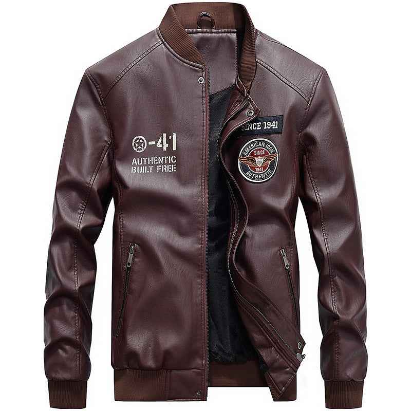 Men's Slim Fit Leather Jacket with Embroidered Patches and Zip Pockets Wine Red