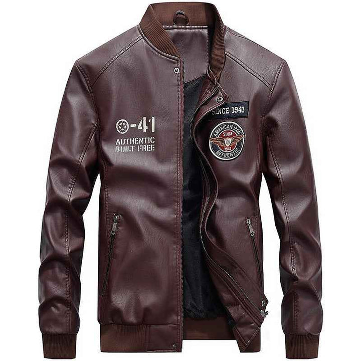 Men's Slim Fit Leather Jacket with Embroidered Patches and Zip Pockets Wine Red