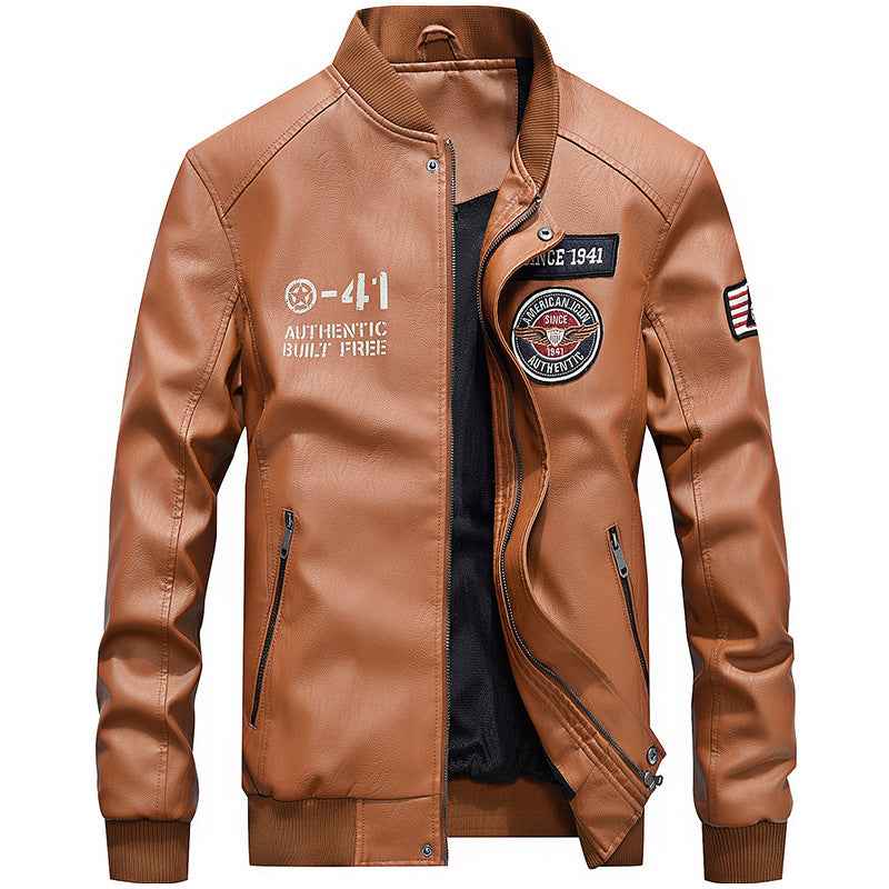 Men's Slim Fit Leather Jacket with Embroidered Patches and Zip Pockets Yellow