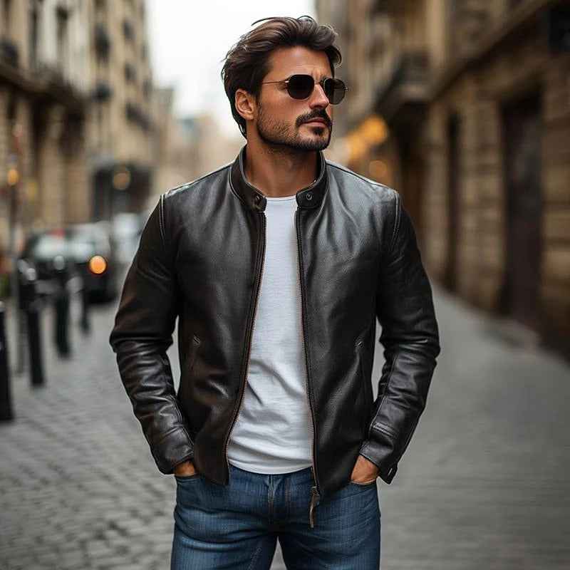Men's Slim Fit Leather Jacket with Zipper and Stand-Up Collar – Minimalist Style Black