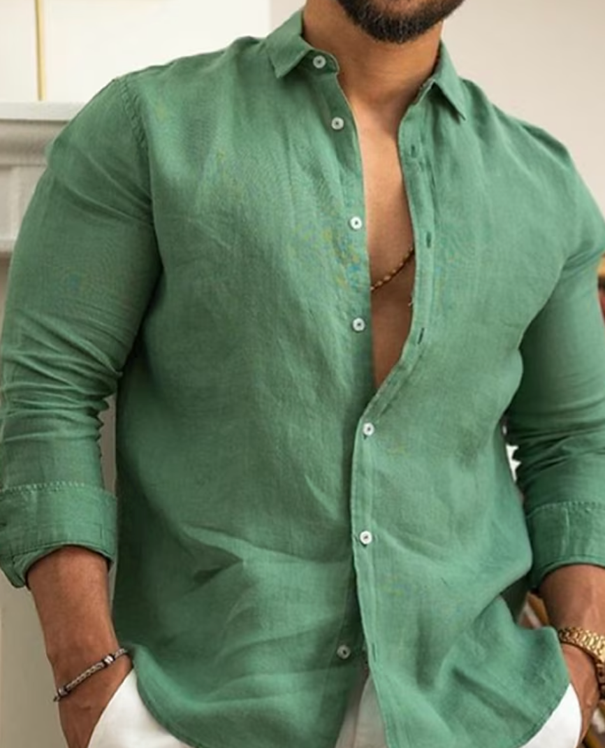 Men's Slim Fit Linen Shirt – Long Sleeve – Breathable & Stylish Green