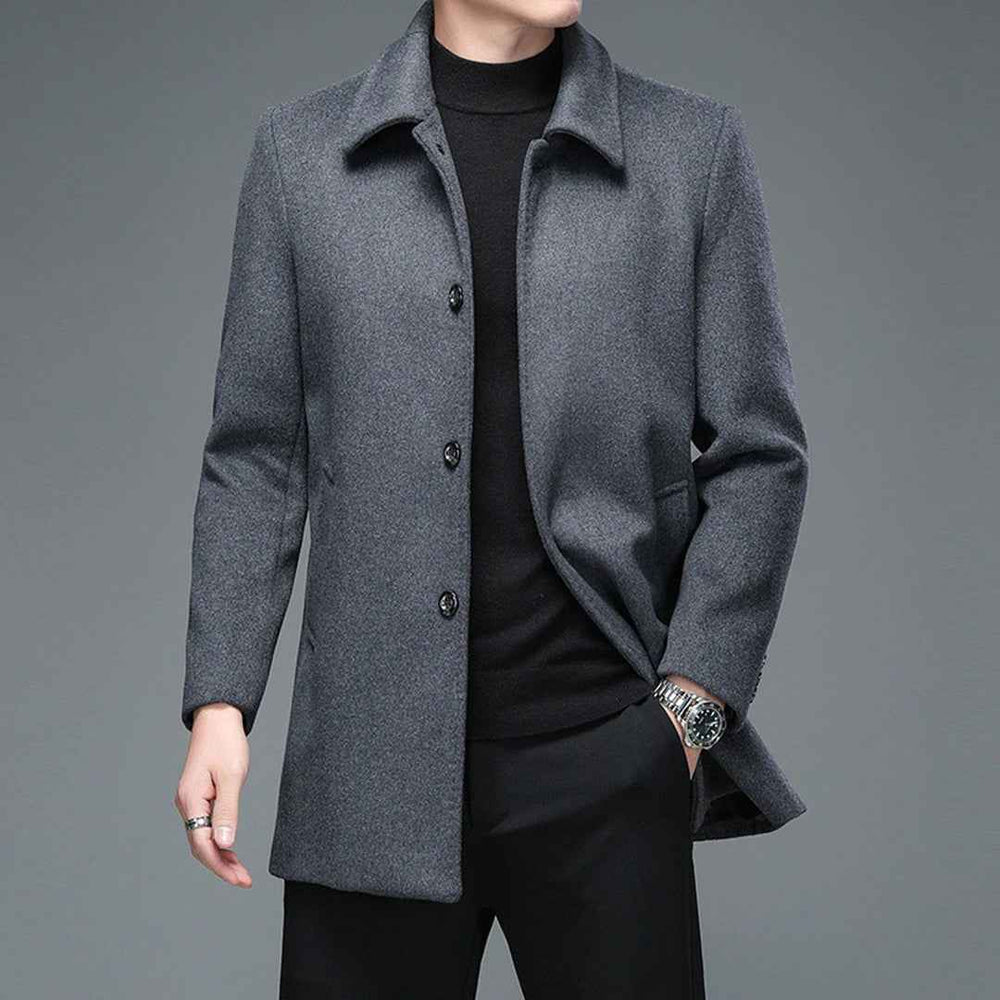 Men's Slim Fit Long Coat – Wool Blend – Single-Breasted – Classic Formal Style Grey