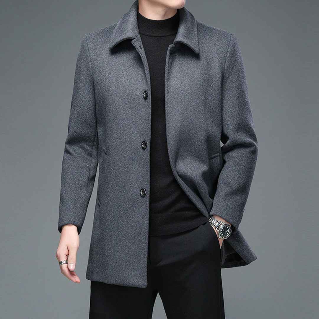 Men's Slim Fit Long Coat – Wool Blend – Single-Breasted – Classic Formal Style Grey