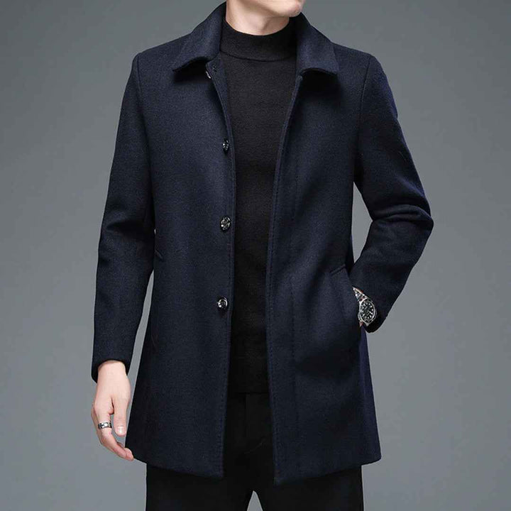 Men's Slim Fit Long Coat – Wool Blend – Single-Breasted – Classic Formal Style Blue