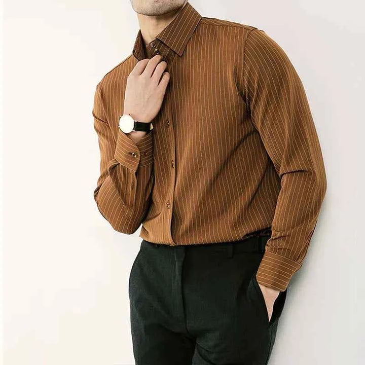 Men's Slim Fit Long Sleeve Shirt - Breathable Cotton - Striped Design for Business Brown