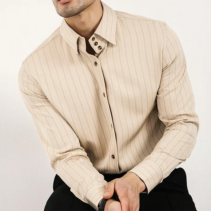Men's Slim Fit Long Sleeve Shirt - Breathable Cotton - Striped Design for Business Cream