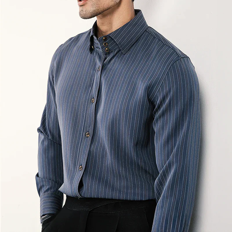 Men's Slim Fit Long Sleeve Shirt - Breathable Cotton - Striped Design for Business Dark Grey