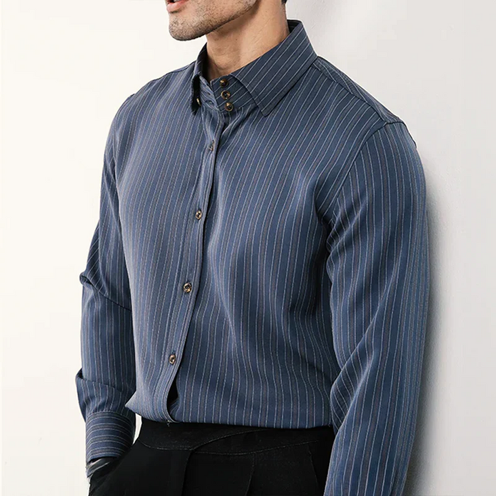 Men's Slim Fit Long Sleeve Shirt - Breathable Cotton - Striped Design for Business Dark Grey