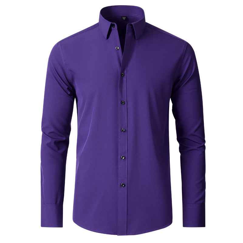 Men's Slim Fit Non-Iron Stretch Long Sleeve Shirt - Pocketless Design Purple