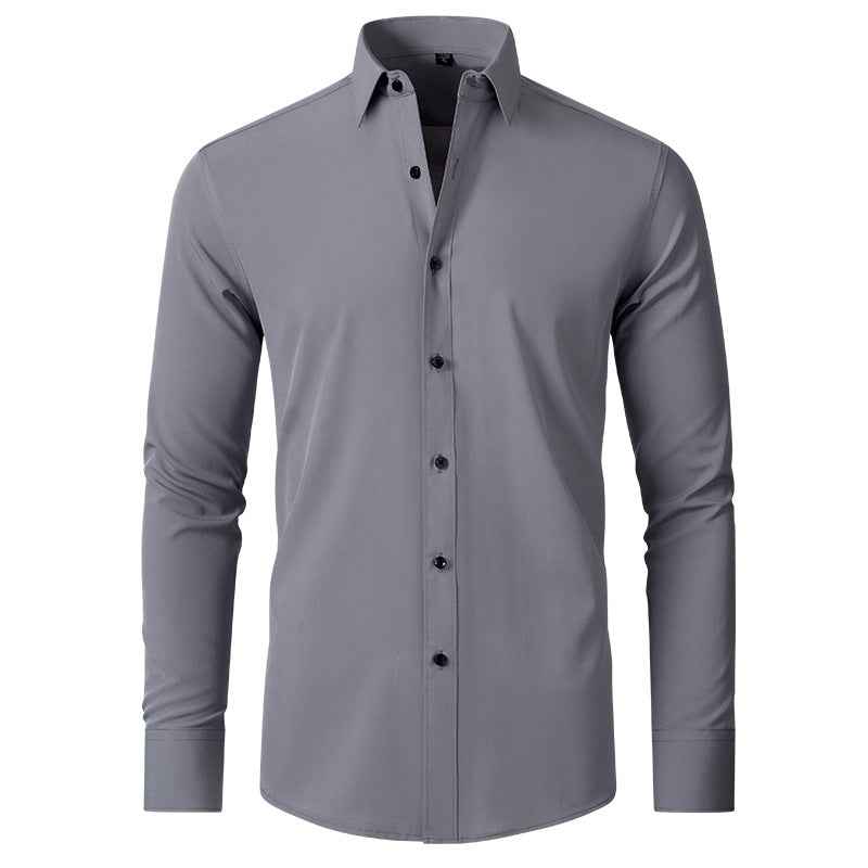 Men's Slim Fit Non-Iron Stretch Long Sleeve Shirt - Pocketless Design Grey
