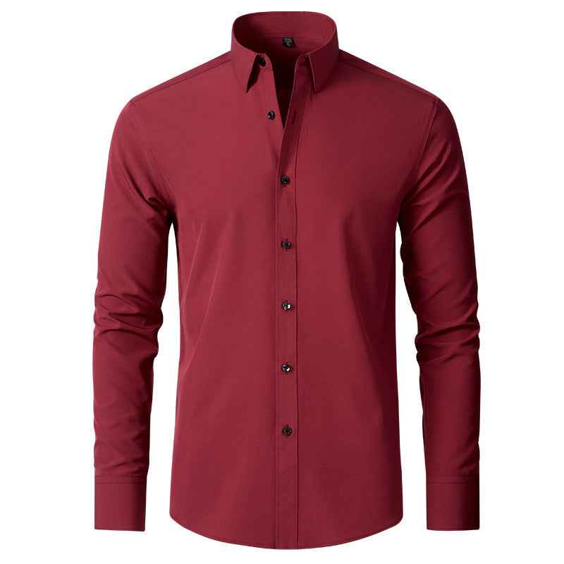 Men's Slim Fit Non-Iron Stretch Long Sleeve Shirt - Pocketless Design Wine Red