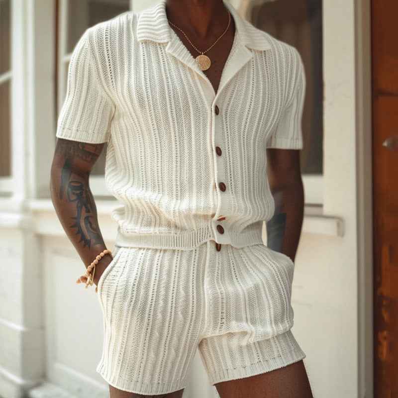 Men's Slim Fit Polo Collar Shirt and Shorts Set – Soft Breathable Knit Ivory