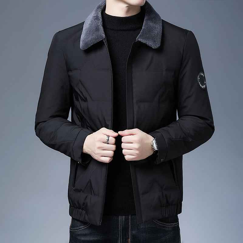 Men's Slim Fit Puffer Jacket – Detachable Fur Collar – Water-Repellent Lining Black