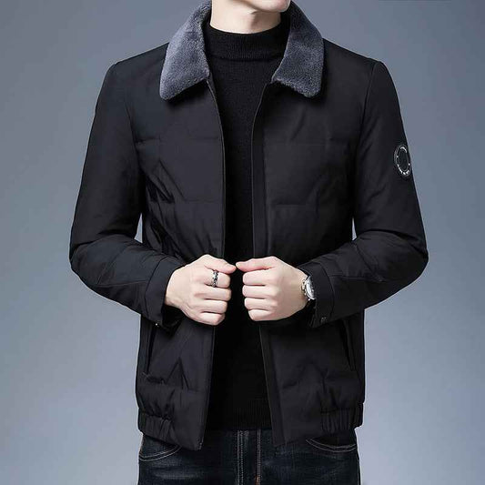 Men's Woven Slim Fit Puffer Collar Lined Solid Blue Winter Jacket Black