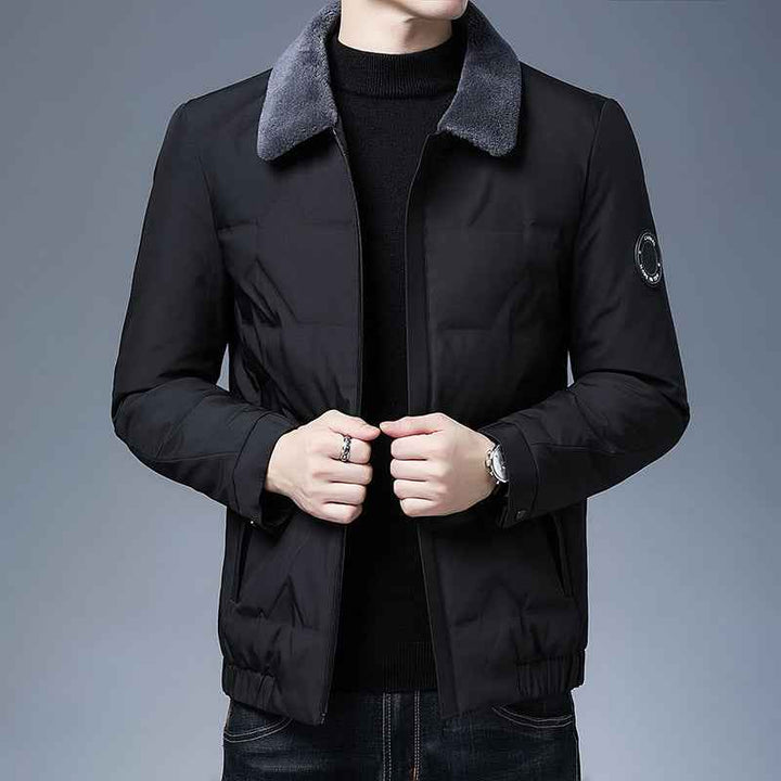 Men's Slim Fit Puffer Jacket – Detachable Fur Collar – Water-Repellent Lining Black
