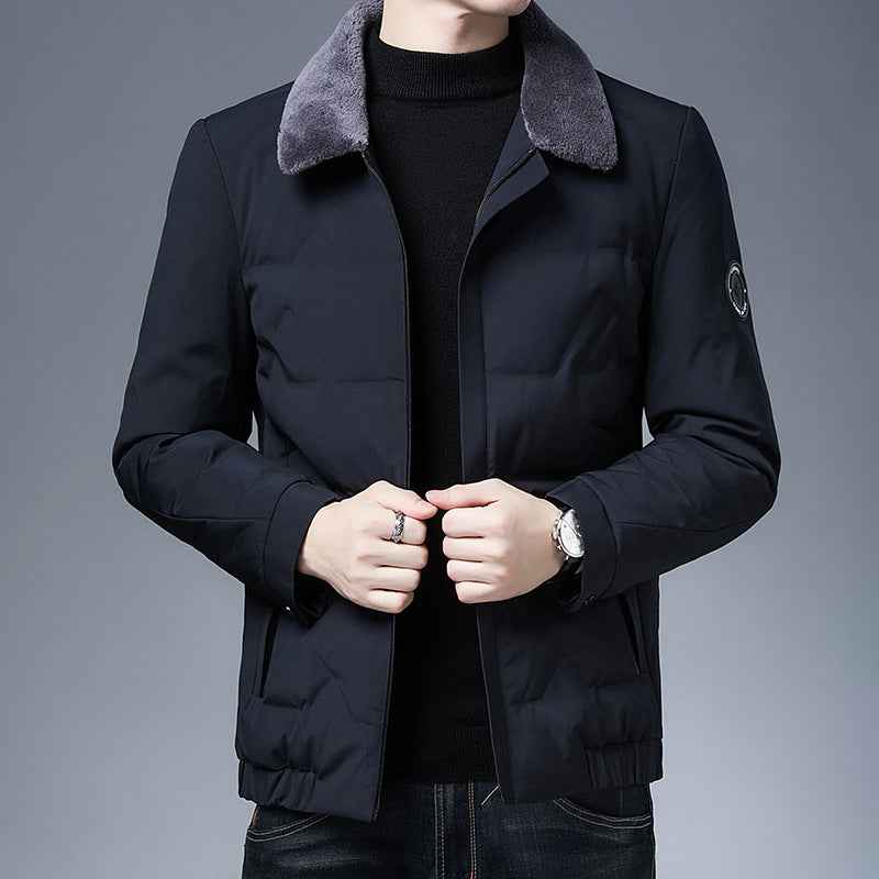 Men's Slim Fit Puffer Jacket – Detachable Fur Collar – Water-Repellent Lining Blue