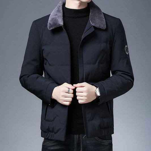 Men's Woven Slim Fit Puffer Collar Lined Solid Blue Winter Jacket Blue