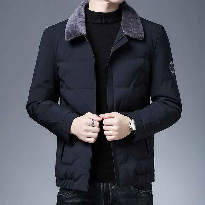 Men's Slim Fit Puffer Jacket – Detachable Fur Collar – Water-Repellent Lining Blue