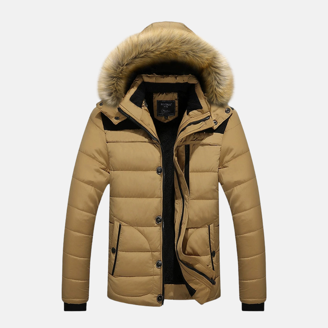 Men's Slim Fit Puffer Jacket – Quilted Design with Detachable Hood & Ribbed Cuffs Khaki
