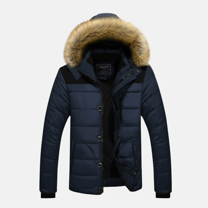 Men's Slim Fit Puffer Jacket – Quilted Design with Detachable Hood & Ribbed Cuffs Dark Blue