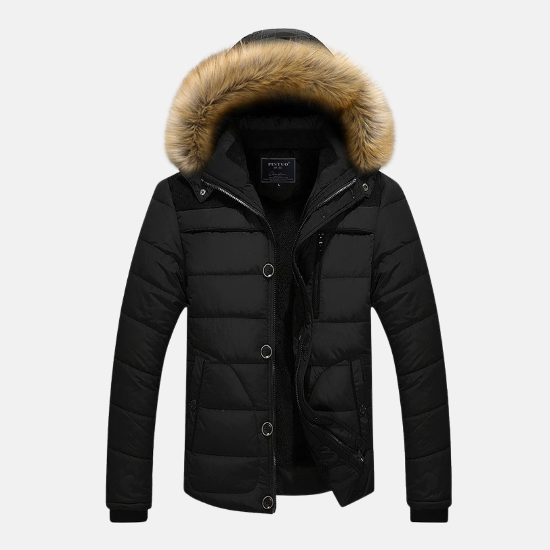 Men's Slim Fit Puffer Jacket – Quilted Design with Detachable Hood & Ribbed Cuffs Black