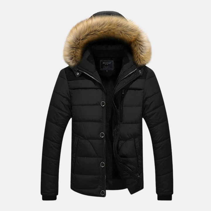 Men's Slim Fit Puffer Jacket – Quilted Design with Detachable Hood & Ribbed Cuffs Black
