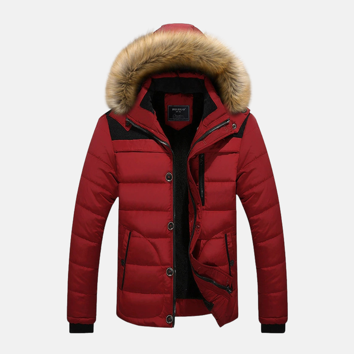 Men's Slim Fit Puffer Jacket – Quilted Design with Detachable Hood & Ribbed Cuffs Red