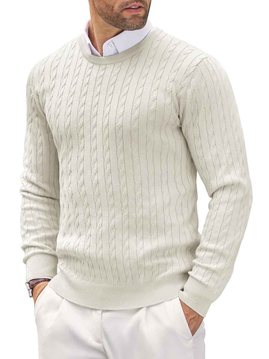 Men's Slim Fit Pullover – Fine Knit Round Neck with Cable Knit Detail White