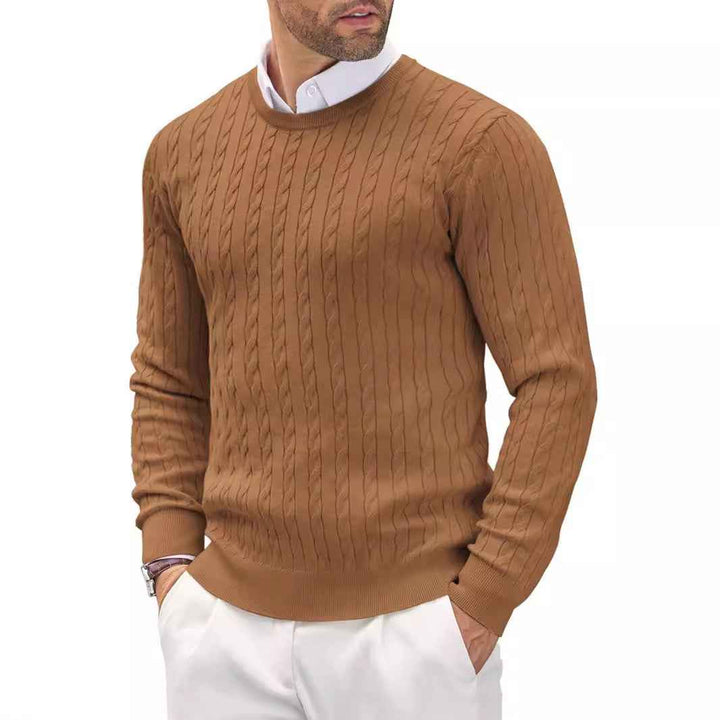 Men's Slim Fit Pullover – Fine Knit Round Neck with Cable Knit Detail Brown