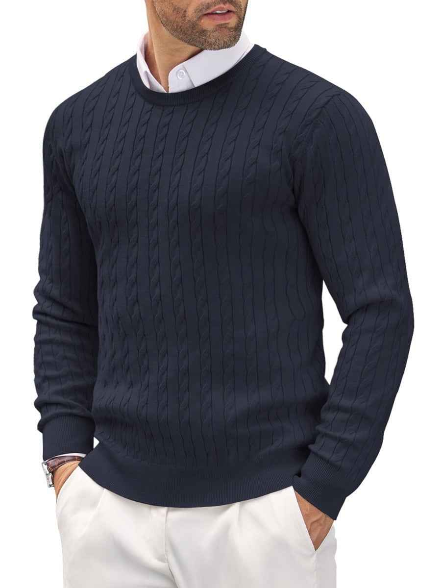Men's Slim Fit Pullover – Fine Knit Round Neck with Cable Knit Detail Navy Blue