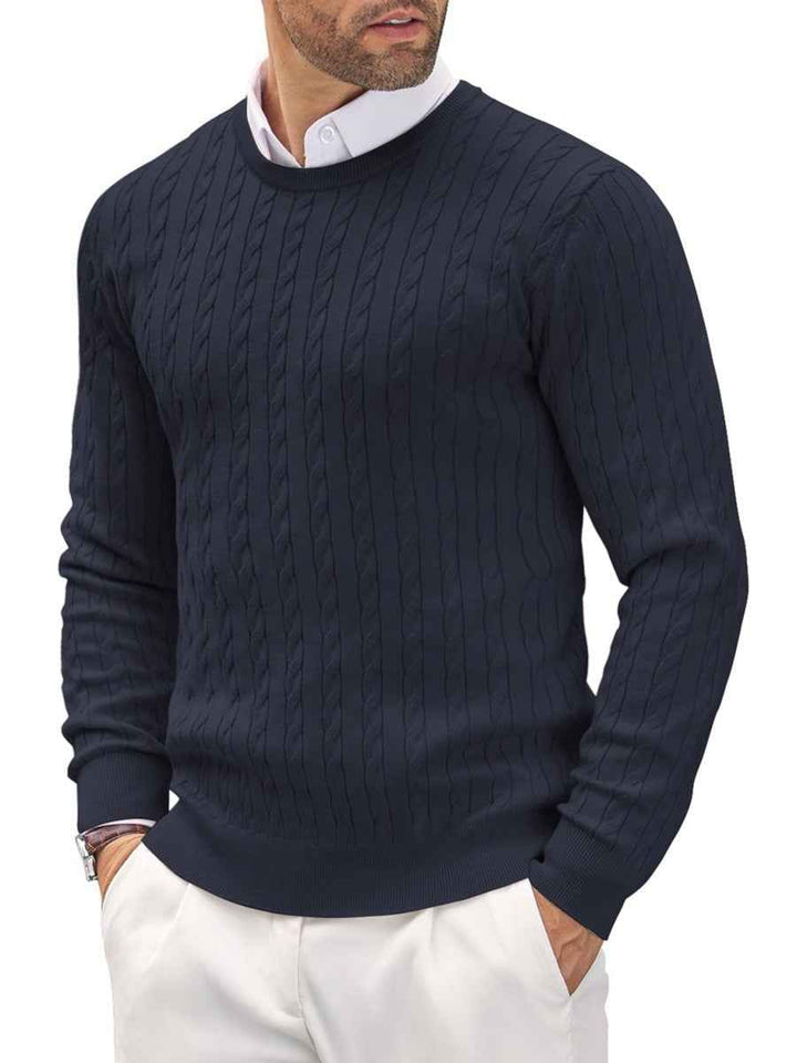 Men's Slim Fit Pullover – Fine Knit Round Neck with Cable Knit Detail Navy Blue