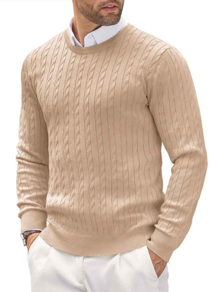 Men's Slim Fit Pullover – Fine Knit Round Neck with Cable Knit Detail Beige