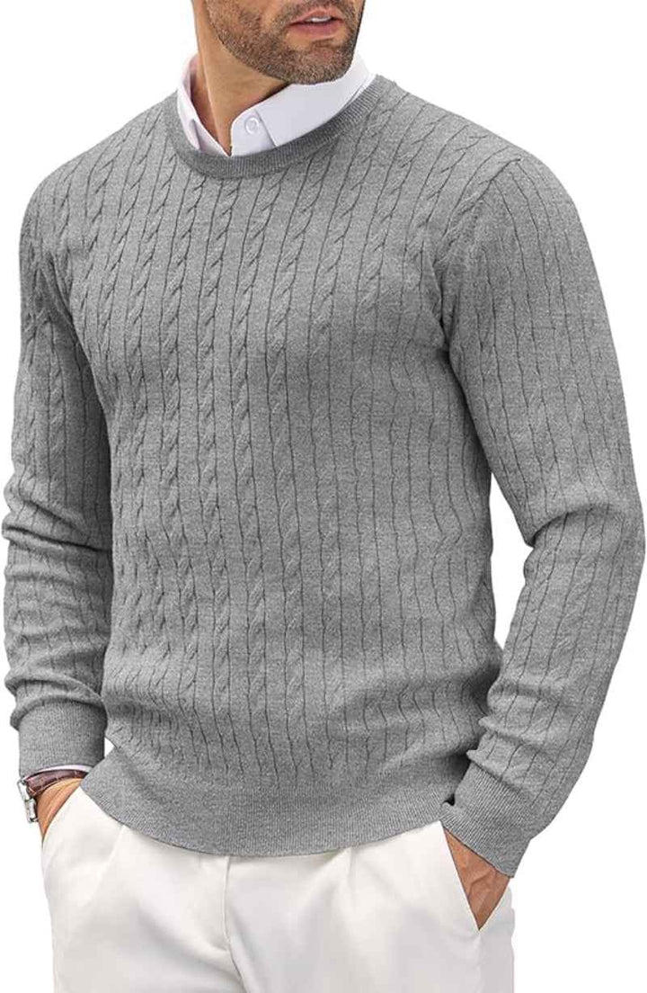 Men's Slim Fit Pullover – Fine Knit Round Neck with Cable Knit Detail
