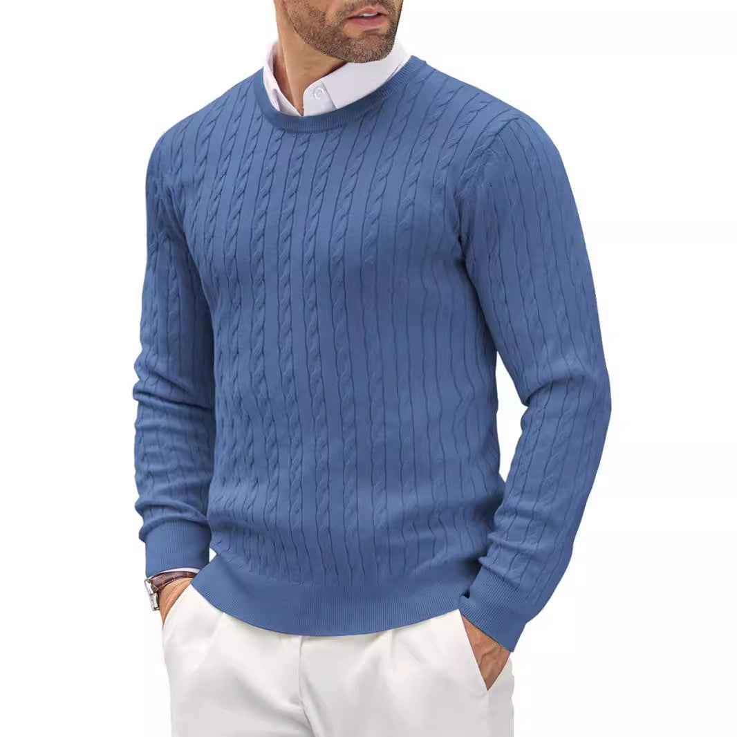 Men's Slim Fit Pullover – Fine Knit Round Neck with Cable Knit Detail Blue