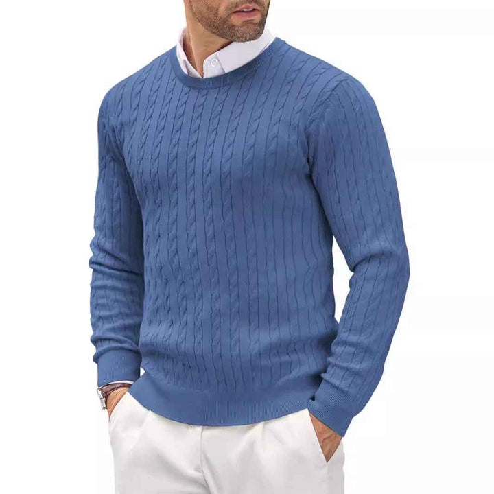 Men's Slim Fit Pullover – Fine Knit Round Neck with Cable Knit Detail Blue