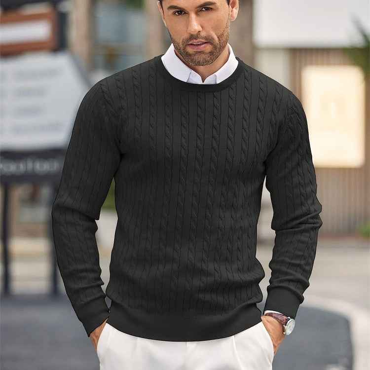 Men's Slim Fit Pullover – Fine Knit Round Neck with Cable Knit Detail Black
