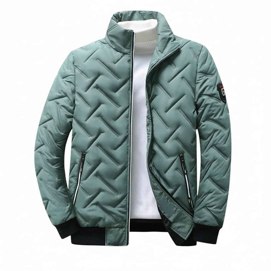 Men's Quilted Polyester Slim Fit Zip Front Puffer Stand Collar Jacket Green
