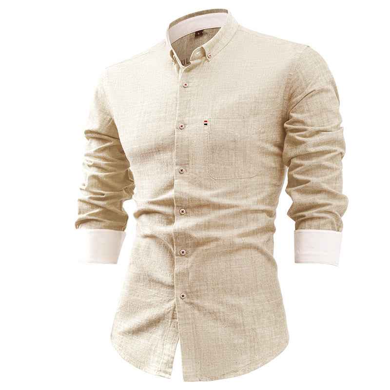 Men's Slim Fit Shirt – Breathable Natural Fiber – Long Sleeve with Pocket Detail Apricot