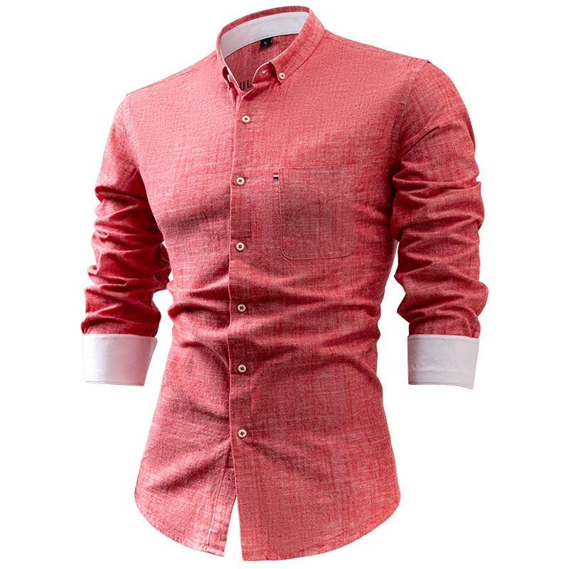 Men's Slim Fit Shirt – Breathable Natural Fiber – Long Sleeve with Pocket Detail Red