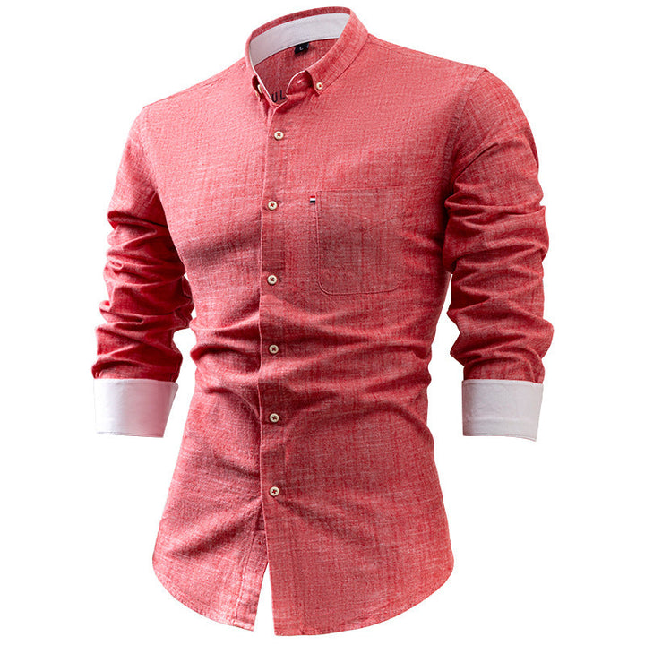 Men's Slim Fit Shirt – Breathable Natural Fiber – Long Sleeve with Pocket Detail Red