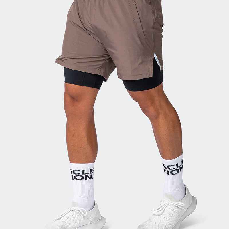 Men's Slim Fit Sports Shorts – Double Layer – Breathable with Stretch Inner Brief Brown