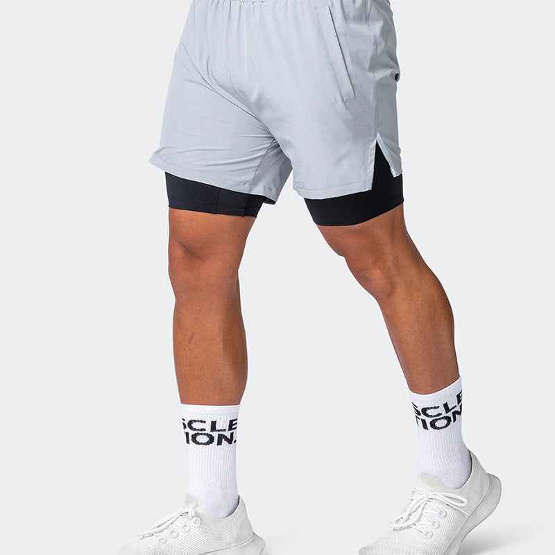 Men's Slim Fit Sports Shorts – Double Layer – Breathable with Stretch Inner Brief Grey