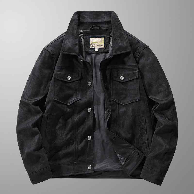 Men's Slim Fit Suede Look Jacket with Button Closure and Chest Pockets - Waist Length Black